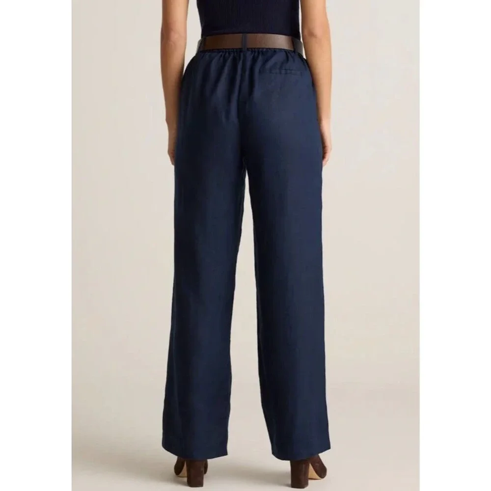 Quince 100% European Linen Navy Blue Pleated Trousers Women Sz 12 High Rise EUC